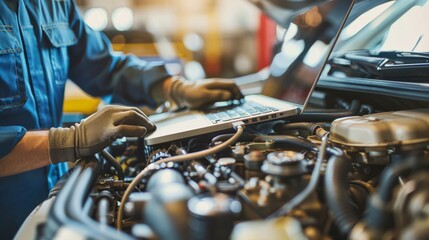 Mechanic with laptop on car engine diagnostic ECU program at garage