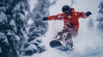 Naklejka premium Snowboarder jumping high in the air