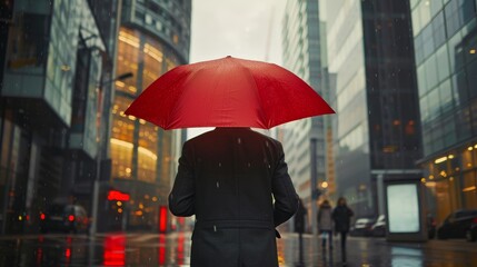 Person from the back, holding a large red umbrella, walking down a wet city street