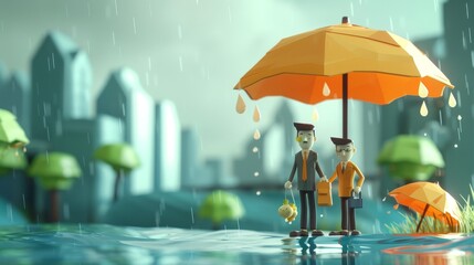 Two stylized, cartoonish characters, a man and a woman, standing in water with a cityscape in the background