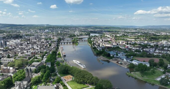 Aerial view over the city center of Koblenz, Germany River and city infrastructure and buildings.
