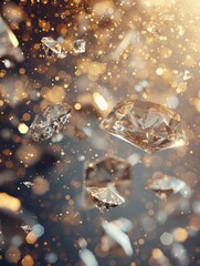 Scattered white diamonds and crystals falling from above, very shiny, clear, golden glow, star powder, centerpiece composition, creative background design. Abstract Background.