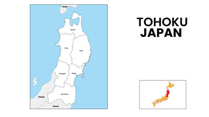 Tohoku Map. State and district map of Tohoku. Administrative map of Tohoku with district and capital in white color.