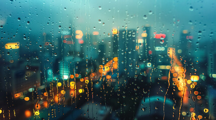 Fototapeta premium A city view with raindrops on the window. The city lights are reflected in the raindrops, creating a moody and atmospheric scene