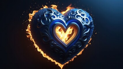 decorative blue heart engulfed in flames, with intricate patterns and smaller heart in center. fiery elements contrast sharply with the dark background, creating a dramatic and intense visual impact