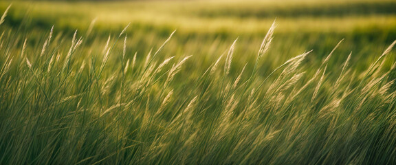 High grass. Evening meadow covered with tall green grass. Grass background