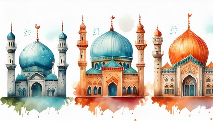 watercolor illustration with grungy texture, cute mosque, three set isolated on white background, idea for junk journal design. 