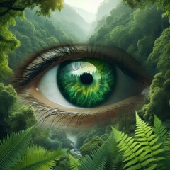 An artistic depiction of a lush green forest and waterfall reflected in a close-up of a human eye.. AI Generation