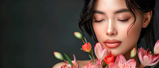 Fototapeta premium Beauty face of young woman with flower. Beauty treatment concept. Generative AI