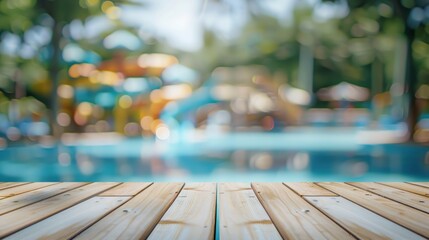 Empty white table space platform and blurry defocused aqua park