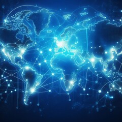 Digital graphic of global network connectivity with glowing nodes and connections over a blue map of the world, perfect for global communication themes.. AI Generation