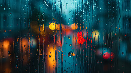 Obraz premium A blurry image of a city street with raindrops on the window. The raindrops create a sense of movement and energy, while the blurred cityscape adds a dreamy, ethereal quality to the scene