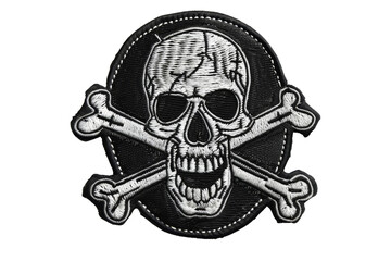 Detailed embroidered skull and crossbones patch with black background, perfect for pirate-themed designs, jackets, or accessories.