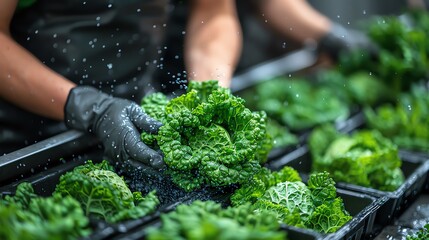 Workers wearing gloves wash fresh kale under running water at a vegetable processing plant, ensuring cleanliness and quality for consumers.