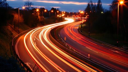 a dynamic scene of a bustling city at night, motion blur of traffic with streaks of red tail lights