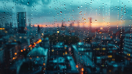A city view with raindrops on the window. The city lights are reflected in the raindrops, creating...