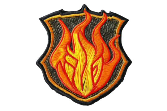 Embroidered badge featuring a flaming emblem with vibrant orange and yellow colors on a shield background, perfect for decoration or uniform. - Powered by Adobe