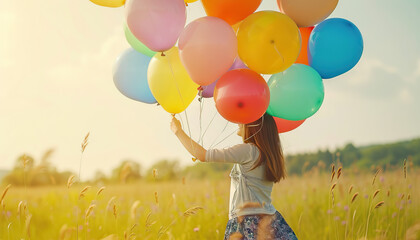 Happy Woman Holding Colorful Balloons in a Field - Embrace joy with this image of a happy woman holding colorful balloons in a field, perfect for illustrating happiness and celebration