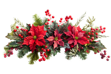 Festive Christmas floral arrangement with red poinsettias, green leaves, and bright berries, perfect for holiday decoration and seasonal cheer.