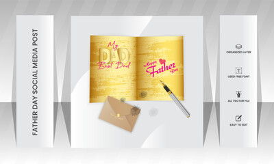 Fathers Day social media post card with illustration of dad with son fly a kite and walking together, modern typography,holiday wishes,Father's Day templates for poster,banner