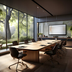 Modern Corporate Office Conference Meeting Room Interior Company Board Executive Professional Work Forest Window View Backdrop	