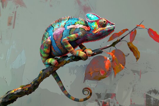 A vibrant chameleon perched on a tree branch. Suitable for nature and wildlife themes