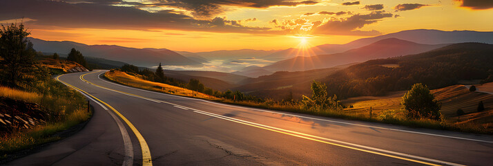 Country road and mountain in summer at sunset.