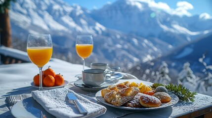 romantic breakfast, snowy mountain view with food, camping in nature, ski resort hotel breakfast