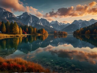 Beautiful sunset over the Hintersee lake in Austria, with mountains and trees reflecting on the water.