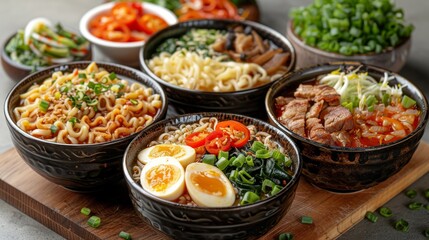 spicy ramen with chili, sweet and sour miso soup, noodles with vegetables Thai style