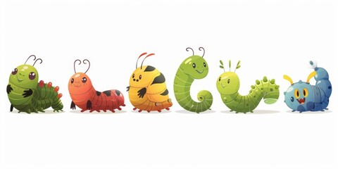 A group of cartoon caterpillars standing in a row. Suitable for educational materials
