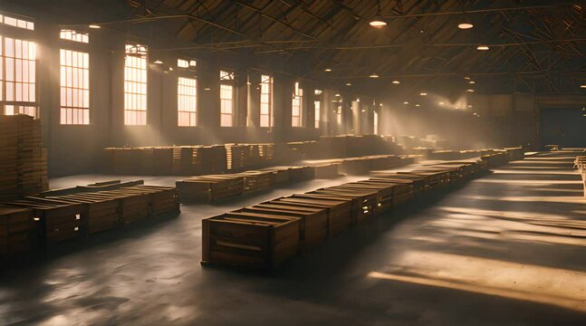 A large, dusty warehouse with tall ceilings and rows of old wooden crates, filled with golden sunbeams streaming through small, high windows, creating bright patches on the floor