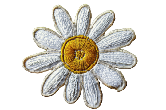 High-quality embroidered daisy flower isolated on transparent background. Perfect for textile and craft designs. Vibrant yellow and white colors.