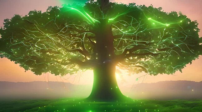 A massive tree with glowing, circuit-like branches and leaves made of data streams. The trunk is a sleek server tower, roots intertwining with green energy symbols