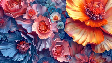 Abstract 3D floral patterns with vibrant colors, organic and artistic