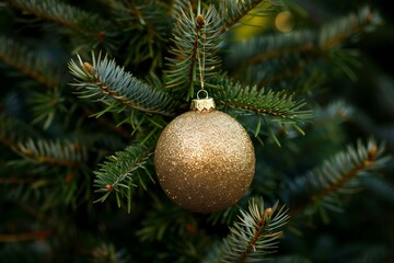 Featuring a  golden ornament is hanging from a pine tree, high quality, high resolution