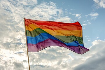 Digital image of  image of an lgbtq flag flying in front of a cloudy sky