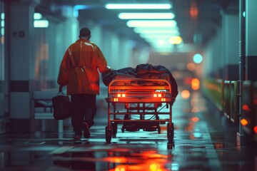 A man pushing a cart down a hallway. Suitable for transportation concepts