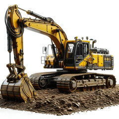 The yellow excavator stands on the earthen on a white isolated background