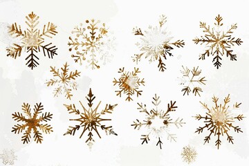 a festive scene featuring a variety of snowflakes and flowers, including gold and small flowers, arranged in a row from left to right
