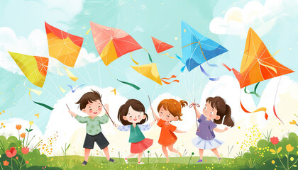Happy Children Playing with Colorful Kites - Soar high with this image of happy children playing with colorful kites, perfect for illustrating freedom and joy.