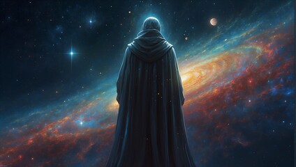 A mysterious, enigmatic galaxy wanderer drifts through the cosmos, exuding an aura of sophistication and secrets untold.