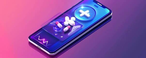 A mobile phone screen displaying a healthcare icon with a medication reminder icon applied, illustration