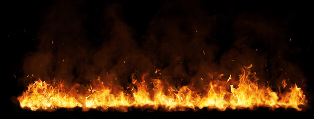 horizontal fire with flying sparks in front of black background. 3D Rendering