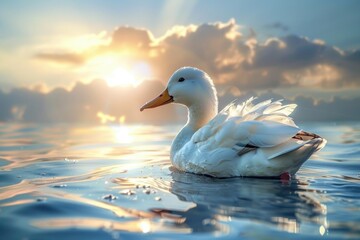 A serene image of a white duck peacefully floating on water. Perfect for nature-themed designs