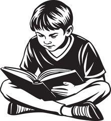 child reading a book black and white illustration