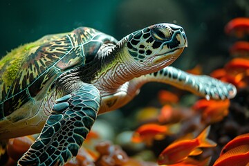 Green Sea Turtle (Chelonia mydas) swimming in aquarium