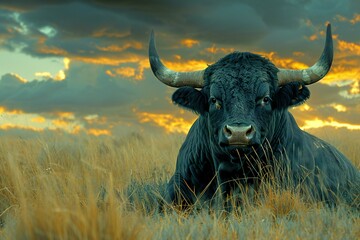 Black cow on a meadow at sunset,  Dramatic sky