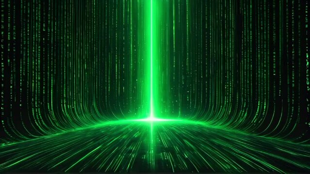 digital environment with green lines of code streaming down, converging into a bright light at the base. The dark background, glowing alphanumeric characters, and vertical perspective.