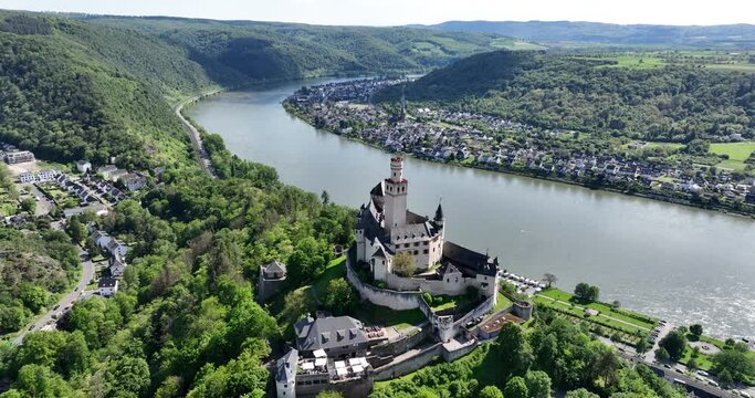 Aerial birds eye view of Marksburg Castle, a medieval stronghold on a mountain. Fairytail castle,